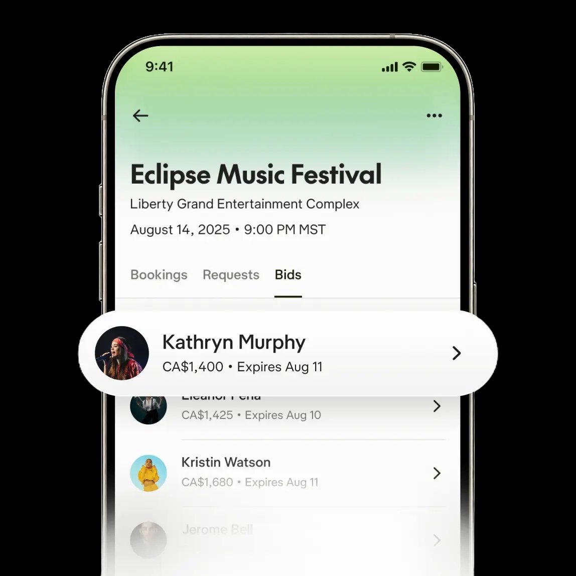 iPhone running AGNT app showing talent placing bids on an event