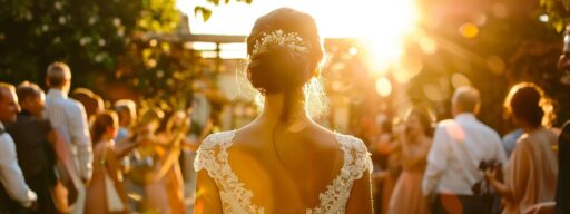 a radiant bride steps into a sun-kissed venue, surrounded by joyful guests, as an upbeat love song plays, capturing the electrifying atmosphere of an unforgettable wedding entrance.