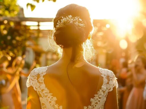 a radiant bride steps into a sun-kissed venue, surrounded by joyful guests, as an upbeat love song plays, capturing the electrifying atmosphere of an unforgettable wedding entrance.