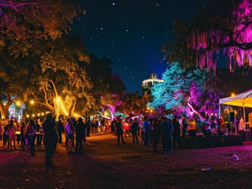 a vibrant outdoor celebration in austin, illuminated by colorful lights, with a dynamic dj energizing the crowd beneath a starry night sky.