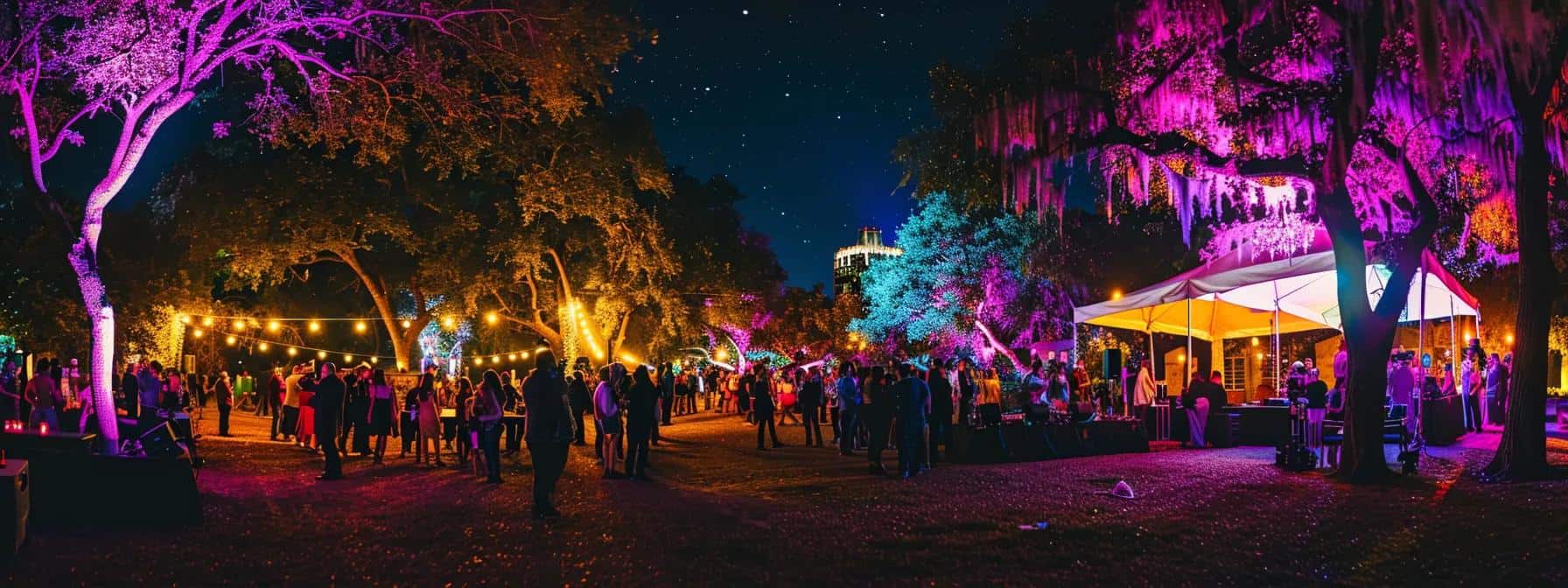 a vibrant outdoor celebration in austin, illuminated by colorful lights, with a dynamic dj energizing the crowd beneath a starry night sky.