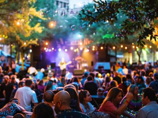 a vibrant outdoor event filled with a diverse crowd enjoying the electrifying performance of a passionate musician under colorful stage lights, capturing the essence of celebration and connection.