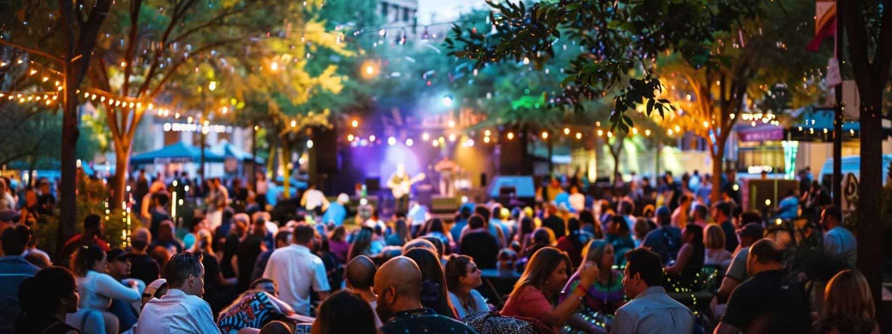 a vibrant outdoor event filled with a diverse crowd enjoying the electrifying performance of a passionate musician under colorful stage lights, capturing the essence of celebration and connection.