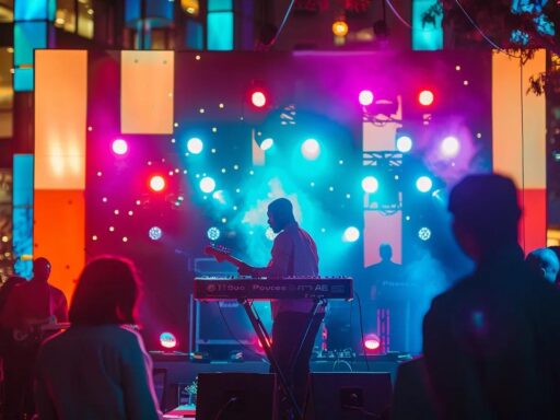 a vibrant outdoor event scene showcases a lively live band passionately performing on stage, contrasted against a sleek dj booth illuminated by colorful lights, capturing the dynamic energy and ambiance of celebration.