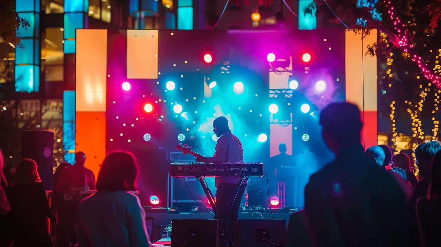 a vibrant outdoor event scene showcases a lively live band passionately performing on stage, contrasted against a sleek dj booth illuminated by colorful lights, capturing the dynamic energy and ambiance of celebration.