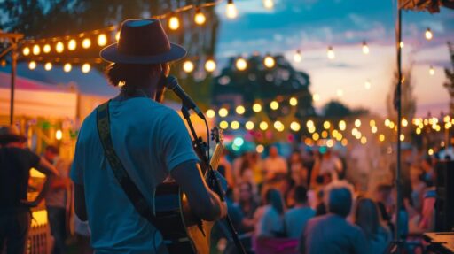 a vibrant outdoor event with a talented live musician captivating an enthusiastic audience under soft, golden sunset lighting, creating an inviting atmosphere of joy and connection.