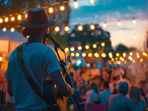 a vibrant outdoor event with a talented live musician captivating an enthusiastic audience under soft, golden sunset lighting, creating an inviting atmosphere of joy and connection.