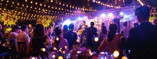 an elegant wedding reception scene featuring a vibrant live band performing under soft, romantic lighting, with guests dancing joyfully amidst beautifully decorated tables, capturing the essence of celebration in 2025.