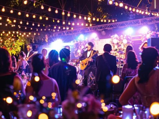 an elegant wedding reception scene featuring a vibrant live band performing under soft, romantic lighting, with guests dancing joyfully amidst beautifully decorated tables, capturing the essence of celebration in 2025.