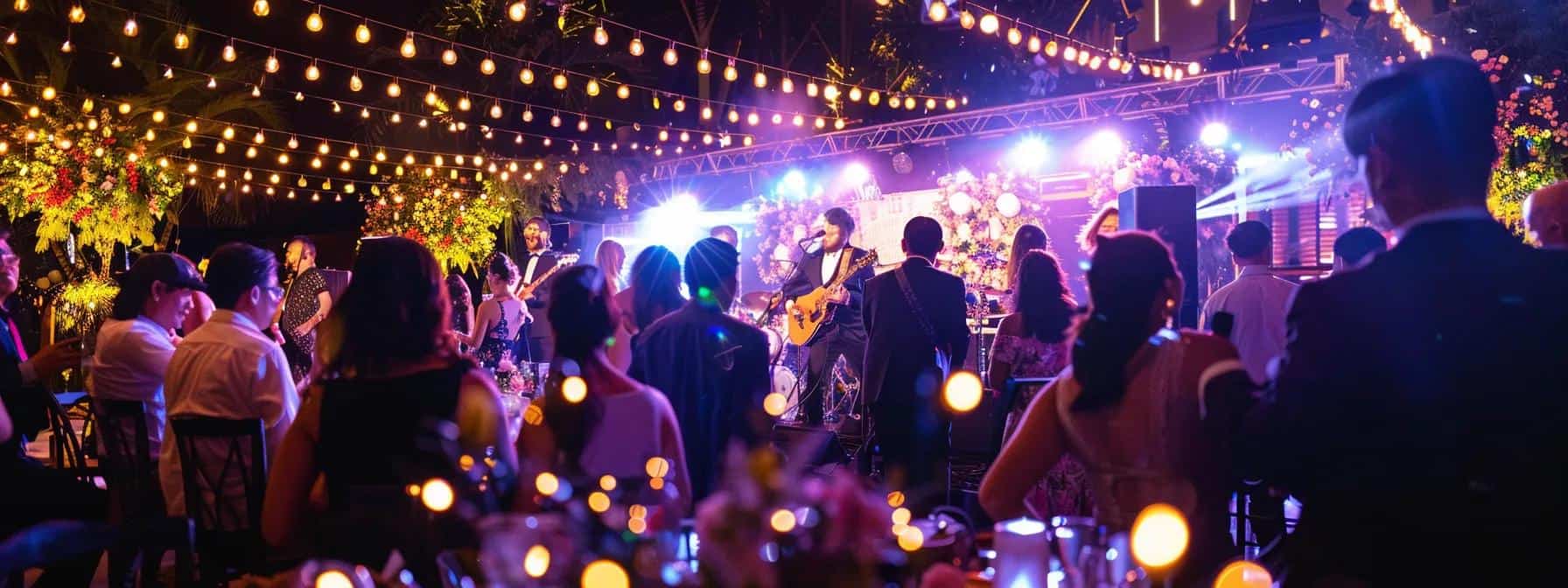 an elegant wedding reception scene featuring a vibrant live band performing under soft, romantic lighting, with guests dancing joyfully amidst beautifully decorated tables, capturing the essence of celebration in 2025.