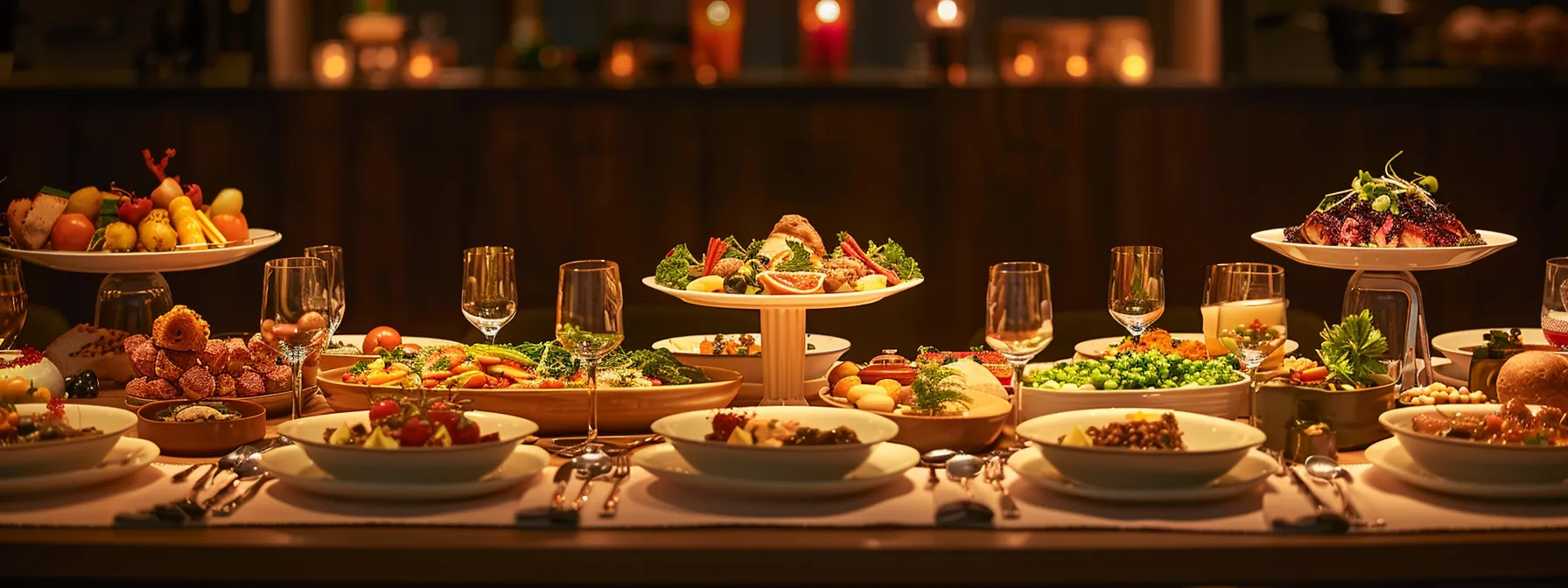 a beautifully arranged banquet table, adorned with vibrant dishes and exquisite glassware, against a softly lit backdrop that radiates warmth and invites guests to indulge in a delightful culinary experience.