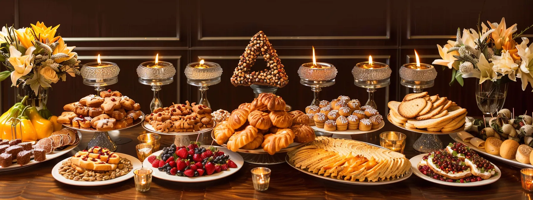 a beautifully arranged buffet table showcases a vibrant mix of traditional jewish dishes and modern favorites, with elegantly presented kosher options, and an interactive cookie decorating station in the shape of kippahs, all set against a warm, inviting ambiance that reflects the joyous spirit of a bar or bat mitzvah celebration.