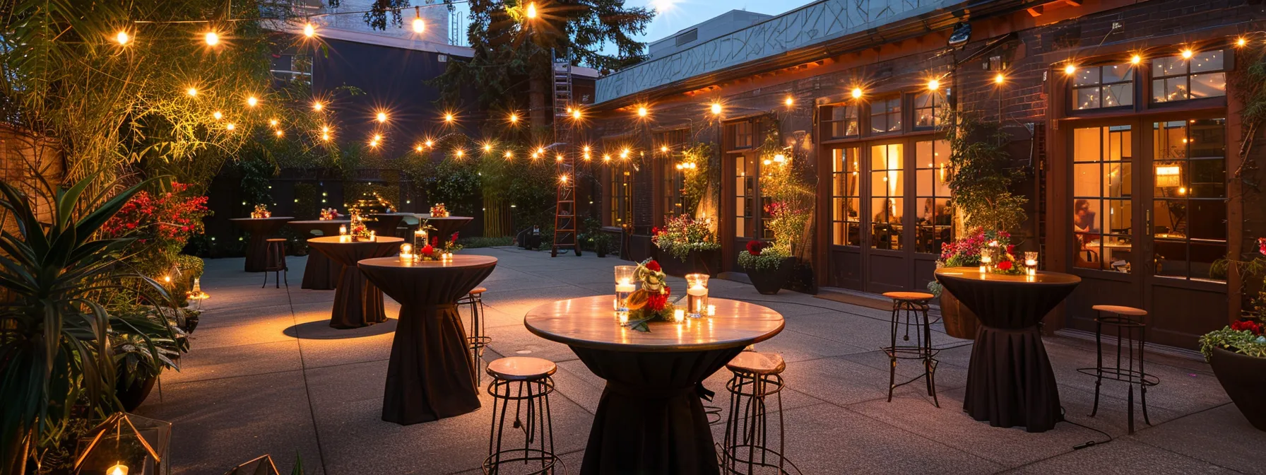 a beautifully arranged outdoor event space features elegant tables adorned with personalized centerpieces, inviting seating areas, and warm ambient lighting, creating a vibrant atmosphere that balances engaging social interaction with serene relaxation for the perfect guest experience.