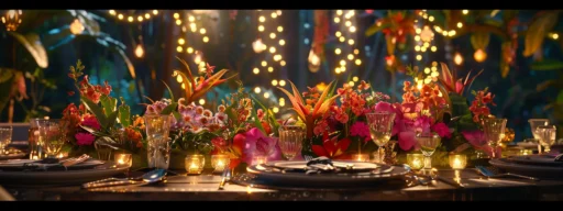 a beautifully arranged party setting, featuring an elegant table adorned with vibrant flowers, twinkling fairy lights, and stylish dinnerware, creating an inviting atmosphere for effortless celebration.