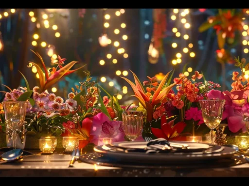 a beautifully arranged party setting, featuring an elegant table adorned with vibrant flowers, twinkling fairy lights, and stylish dinnerware, creating an inviting atmosphere for effortless celebration.