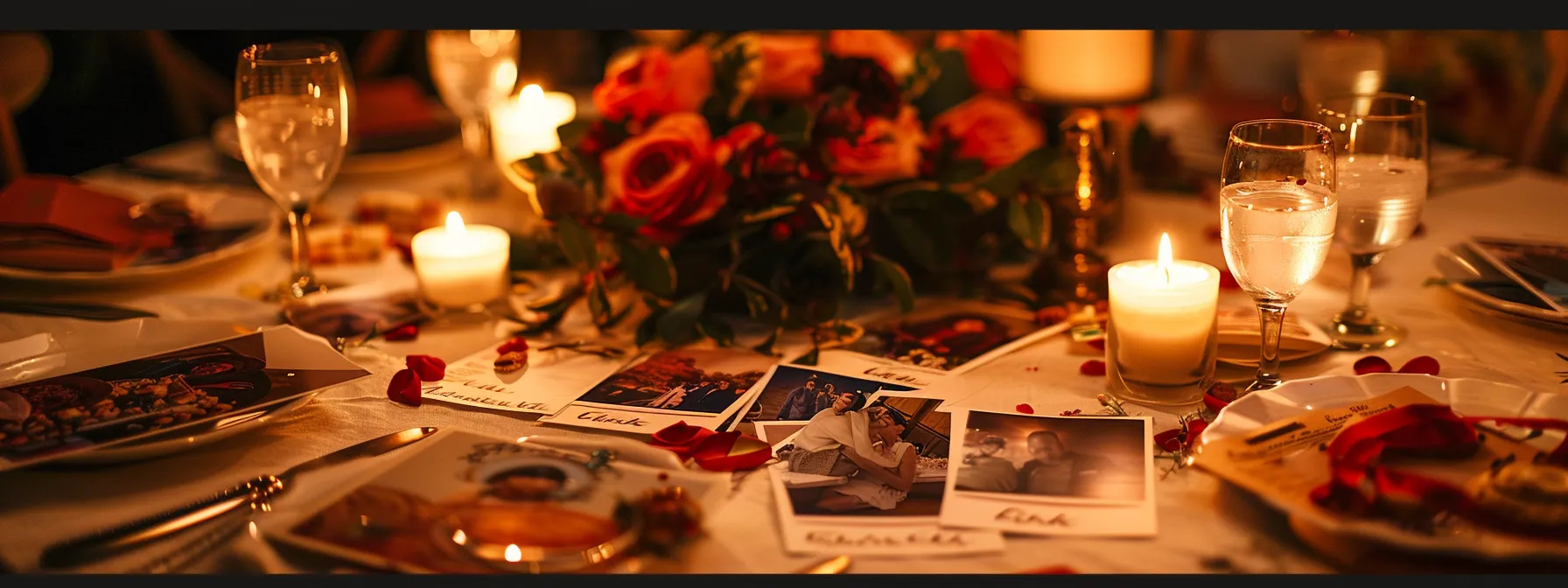 a beautifully arranged table adorned with heartfelt thank you notes, surrounded by vibrant photographs capturing joyful moments from a recent event, all bathed in warm, soft lighting that highlights the atmosphere of gratitude and connection.