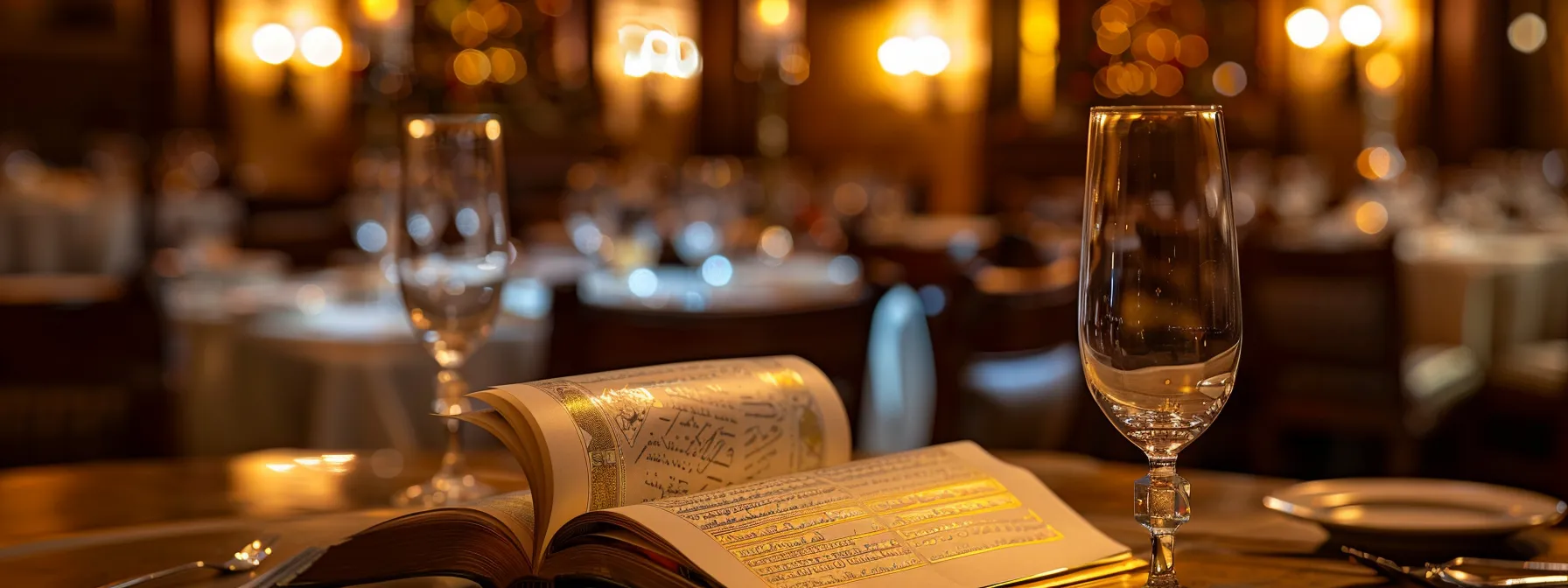 a beautifully decorated banquet hall glows warmly with soft lighting, featuring elegant centerpieces of miniature torah scrolls and books, creating an inviting atmosphere that celebrates the joyous significance of a bar or bat mitzvah.