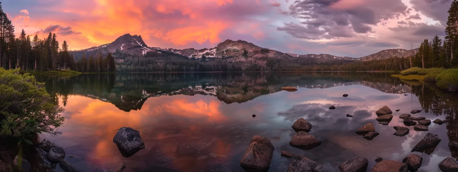 a breathtaking sunset casts a warm golden glow over a tranquil lake, reflecting the vibrant hues of orange, pink, and purple clouds above, creating a serene and harmonious atmosphere.