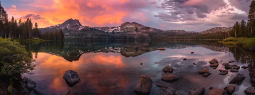 a breathtaking sunset casts a warm golden glow over a tranquil lake, reflecting the vibrant hues of orange, pink, and purple clouds above, creating a serene and harmonious atmosphere.