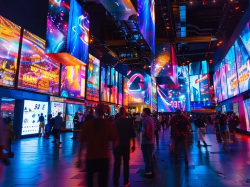 a futuristic digital landscape showcases vibrant holographic ticketing and talent management interfaces, illuminated by dynamic neon lights, highlighting the innovative entertainment technology trends reshaping the industry.