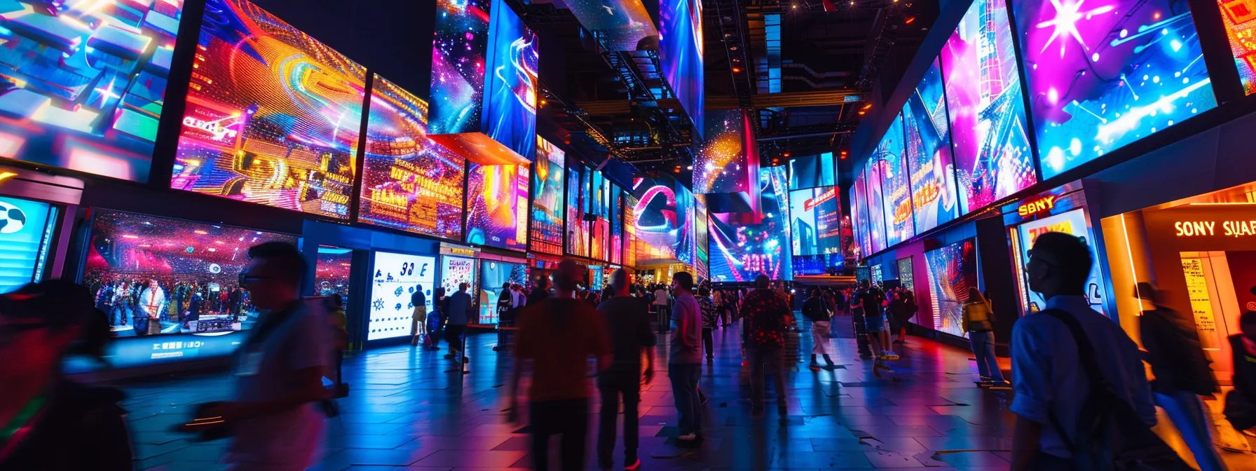 a futuristic digital landscape showcases vibrant holographic ticketing and talent management interfaces, illuminated by dynamic neon lights, highlighting the innovative entertainment technology trends reshaping the industry.