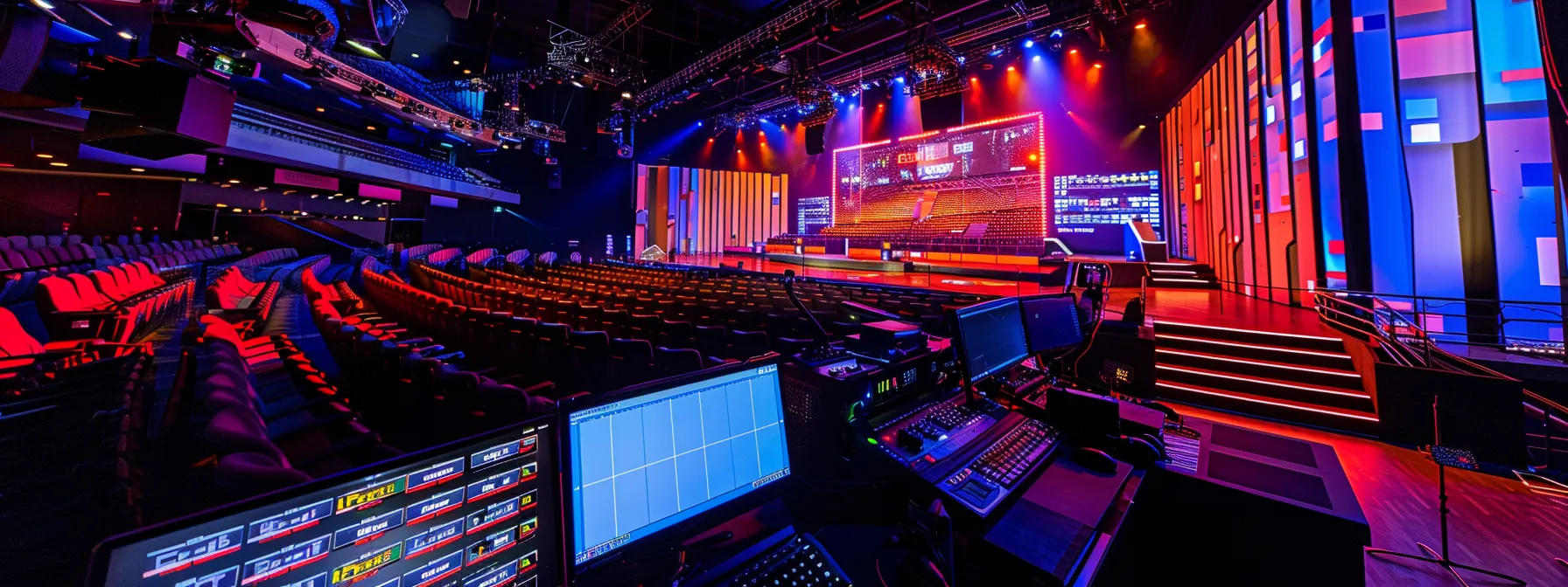 a futuristic theater filled with vibrant, illuminated screens showcasing innovative ticketing solutions and technology-driven talent management, capturing the essence of emerging tech in entertainment.