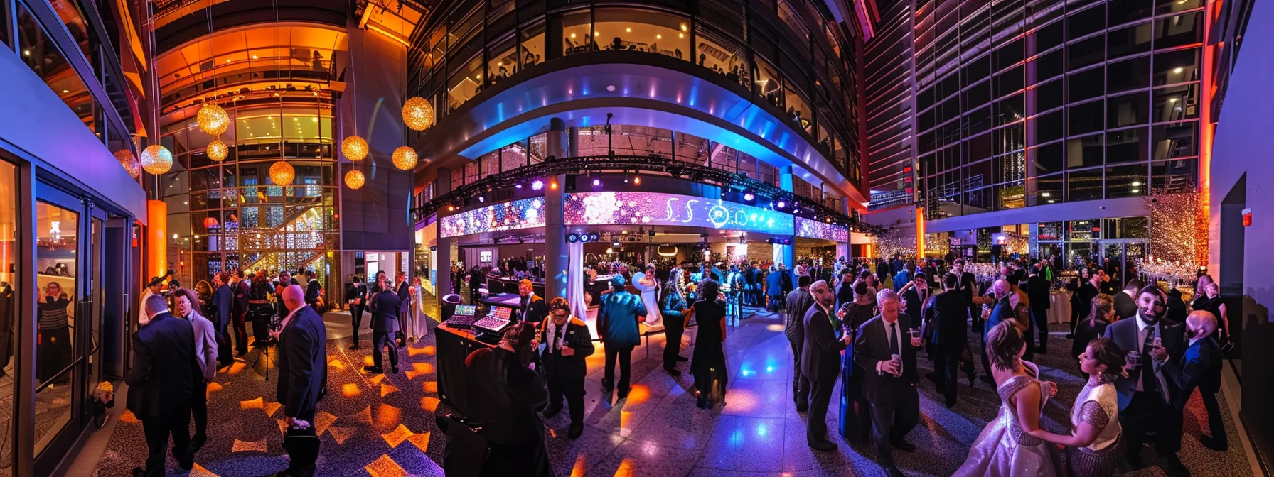 a radiant toronto wedding scene unfolds, with a dynamic dj booth at the center, bathed in colorful lights and surrounded by jubilant guests dancing joyfully, capturing the essence of celebration and memorable moments.