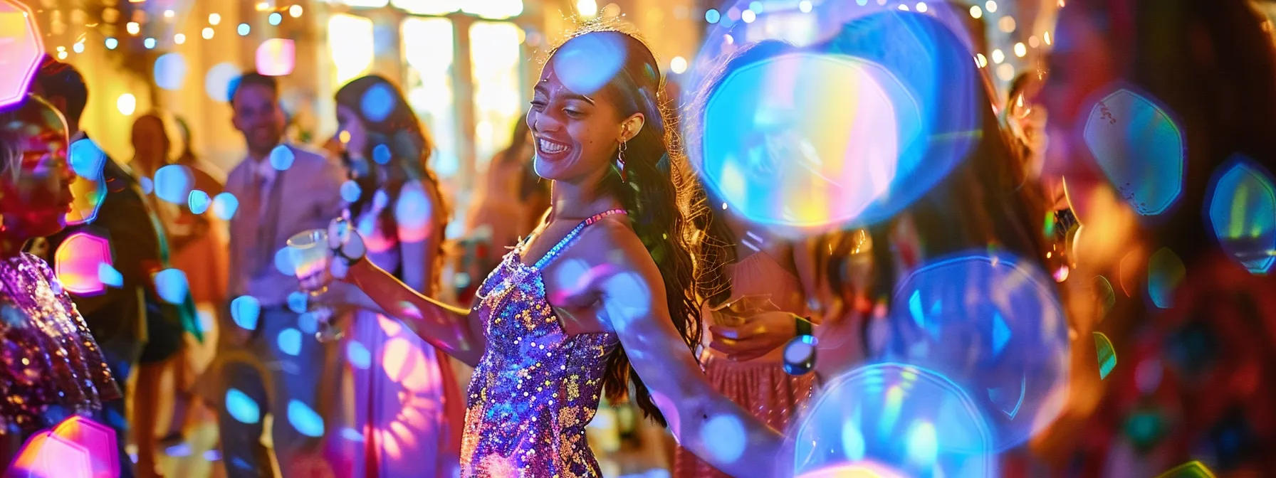 a vibrant and colorful bar and bat mitzvah celebration is set against a beautifully decorated hall, filled with joyful guests dancing under shimmering lights, capturing the spirit of a memorable coming-of-age event.