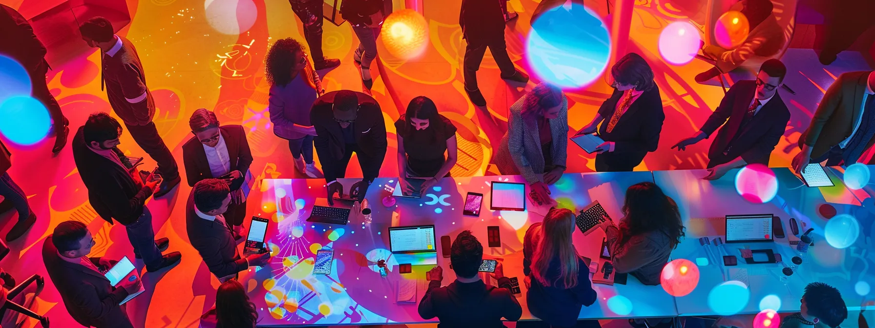 a vibrant and modern event planning scene captures a diverse group of enthusiastic planners collaborating over digital devices, immersed in a colorful array of digital invitations and social media feeds, illuminated by bright, ambient lighting.