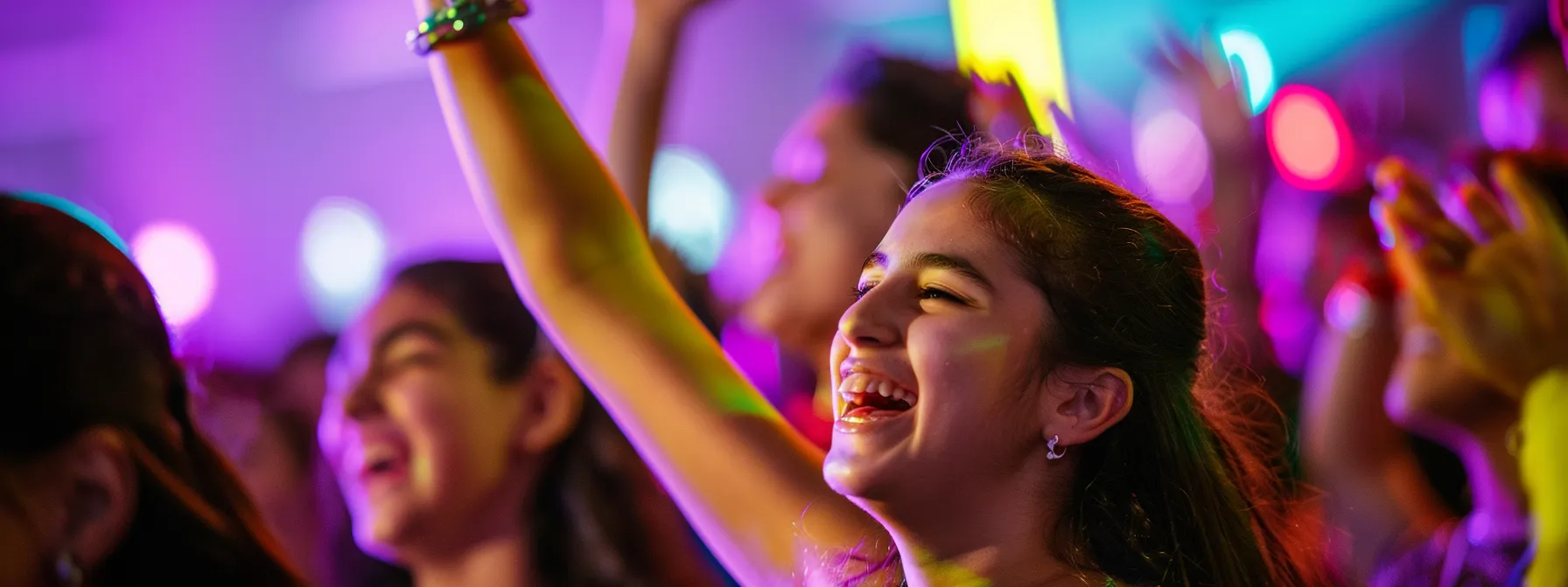 a vibrant bar or bat mitzvah celebration, filled with laughter and joy, showcases a diverse array of engaging activities that seamlessly blend traditional customs and modern entertainment, all under colorful decorations that symbolize the unity of family and community.