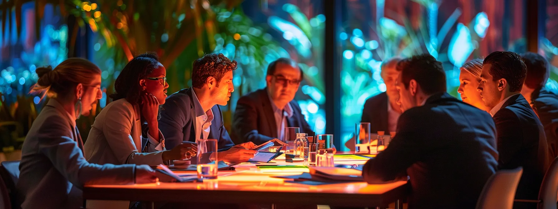 a vibrant, bustling event planning meeting scene captures professionals engaged in animated discussions over contracts and logistics, with colorful event materials spread across the table, illuminated by warm, inviting lighting.