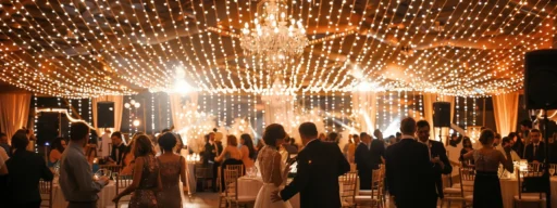 a vibrant, bustling wedding reception in toronto, illuminated by soft, twinkling fairy lights, where a charismatic dj captivates a diverse crowd dancing joyfully, surrounded by elegantly decorated tables and a festive atmosphere.