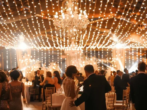 a vibrant, bustling wedding reception in toronto, illuminated by soft, twinkling fairy lights, where a charismatic dj captivates a diverse crowd dancing joyfully, surrounded by elegantly decorated tables and a festive atmosphere.