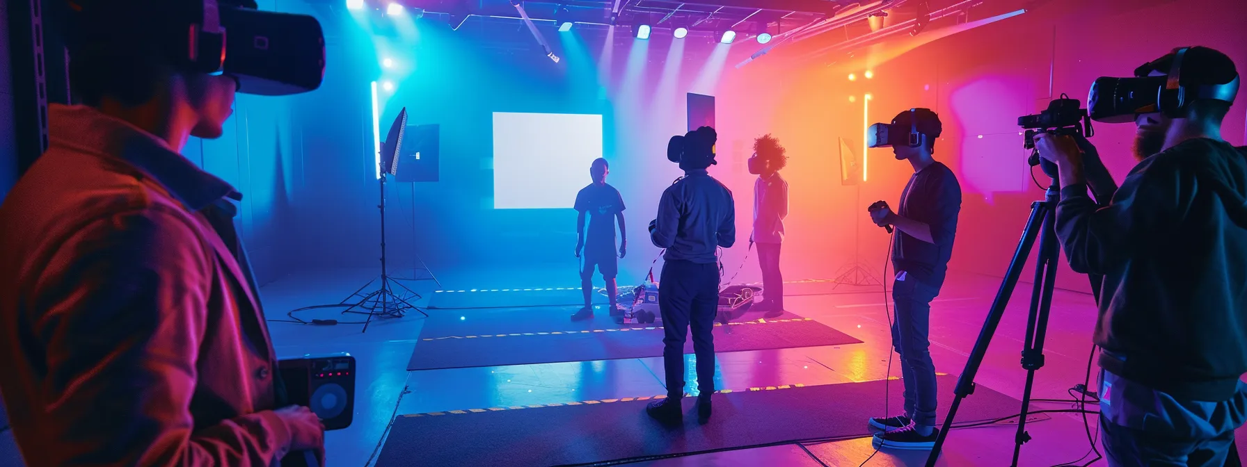 a vibrant collaboration scene showcasing diverse artists engaging with high-tech vr equipment and digital tools in a modern studio, illuminated by dynamic lighting that symbolizes innovation and creativity in talent management.