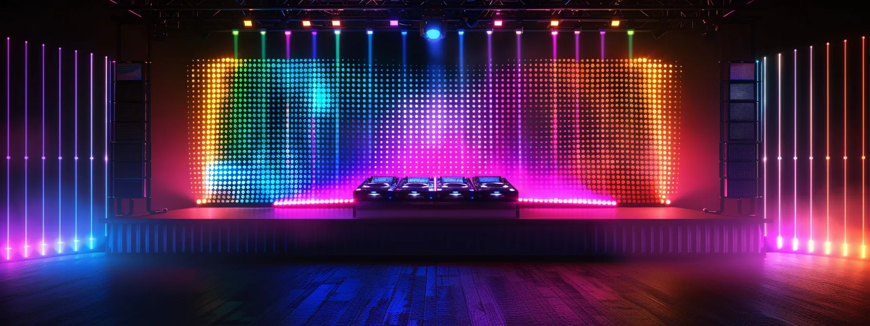 a vibrant dj booth pulsates with colorful lights and energetic soundwaves at a lively event, capturing the engaging atmosphere of a memorable celebration.