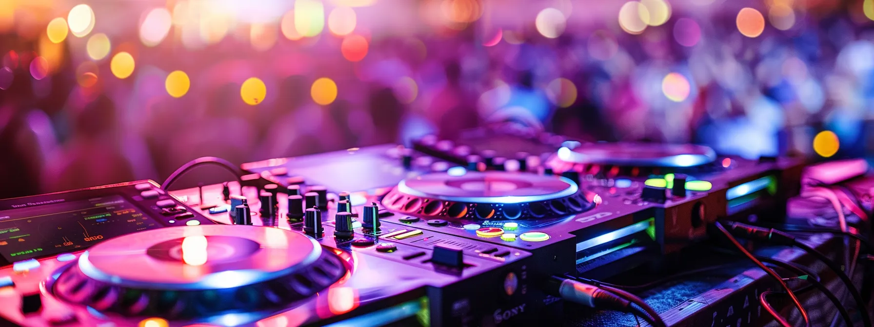 a vibrant dj sets the stage at a lively event, surrounded by colorful lights and a pulsating crowd, capturing the electric atmosphere of a memorable celebration.