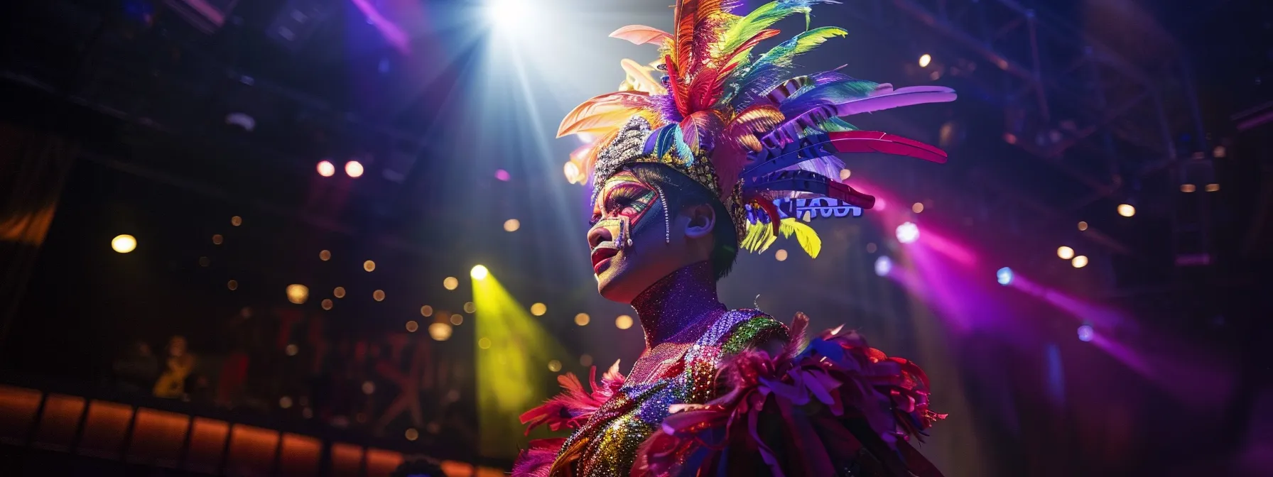 a vibrant drag performer, adorned in an elaborate costume, captivates a diverse audience under the dramatic spotlight of a lively stage, embodying the spirit of inclusivity and celebration.