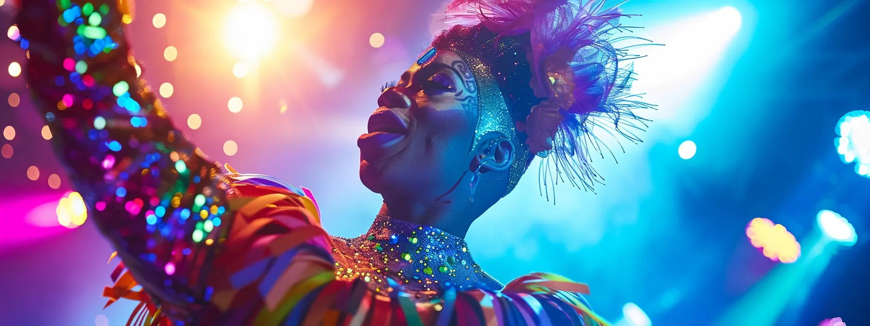 a vibrant drag performer in a dazzling, sequined costume strikes a fierce pose under colorful stage lights, exuding confidence and charisma during a lively performance.