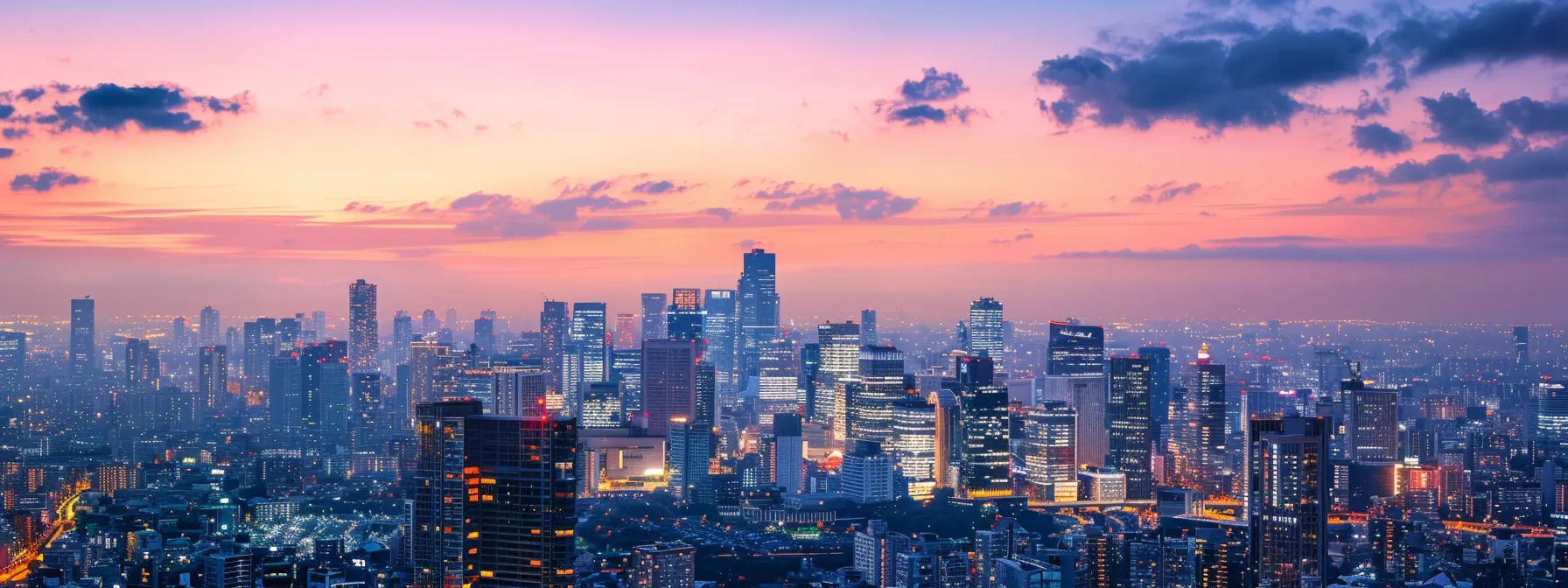 a vibrant, dynamic city skyline at dusk, illuminated by neon lights and bustling with activity, symbolizes the transformative power of emerging entertainment technologies in ticketing and talent management.