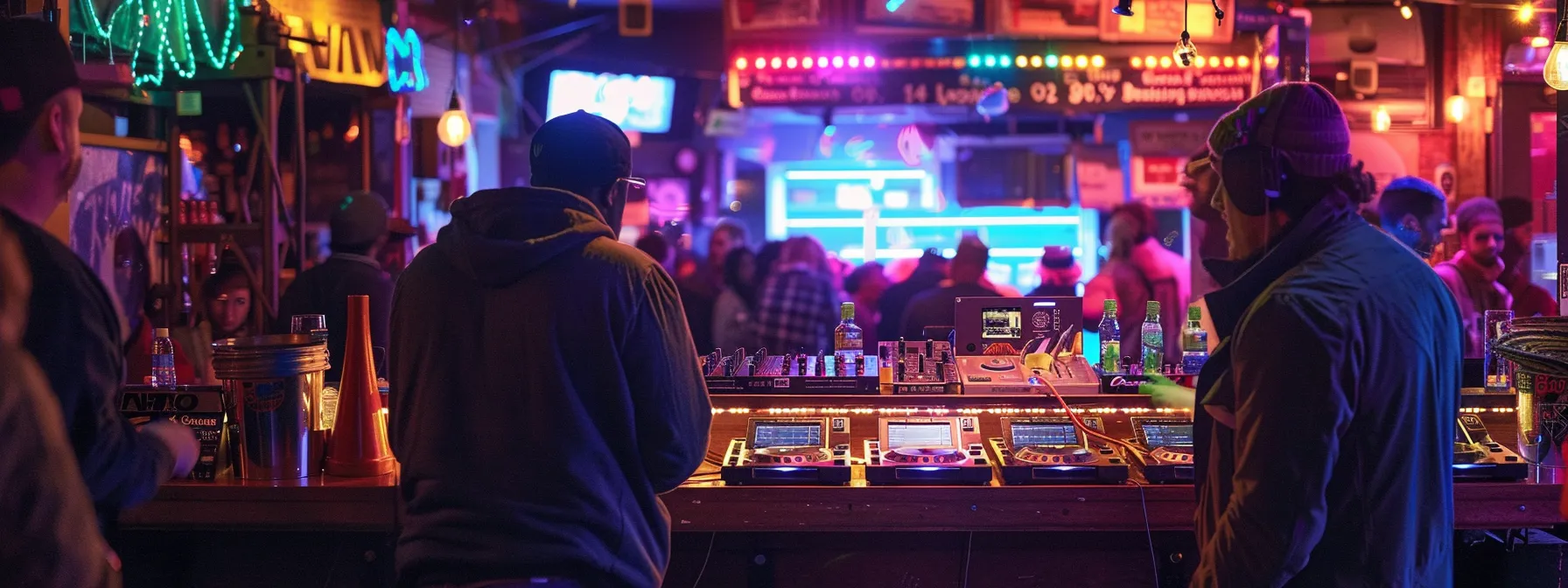 a vibrant, energetic dj booth illuminated by colorful stage lights pulsates with rhythm, surrounded by an engaging crowd at a lively event, symbolizing the essence of unforgettable moments created by local dj services.