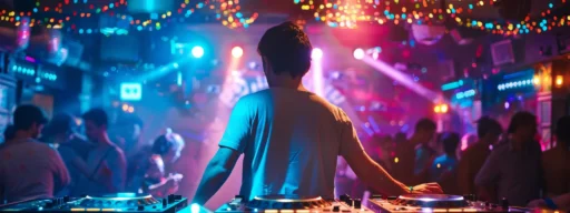 a vibrant, energetic dj stands at a dazzling turntable, surrounded by colorful lights and ecstatic partygoers, creating an unforgettable atmosphere filled with music and excitement.