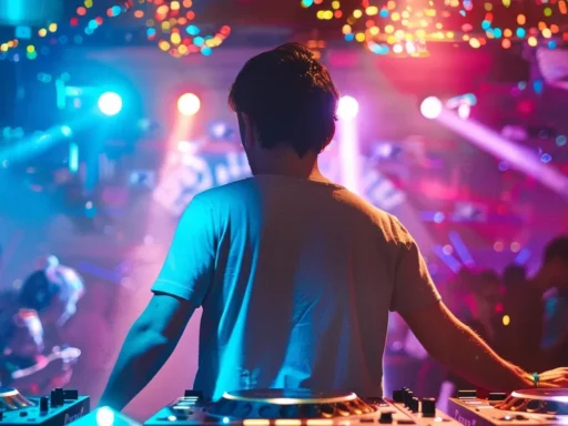 a vibrant, energetic dj stands at a dazzling turntable, surrounded by colorful lights and ecstatic partygoers, creating an unforgettable atmosphere filled with music and excitement.