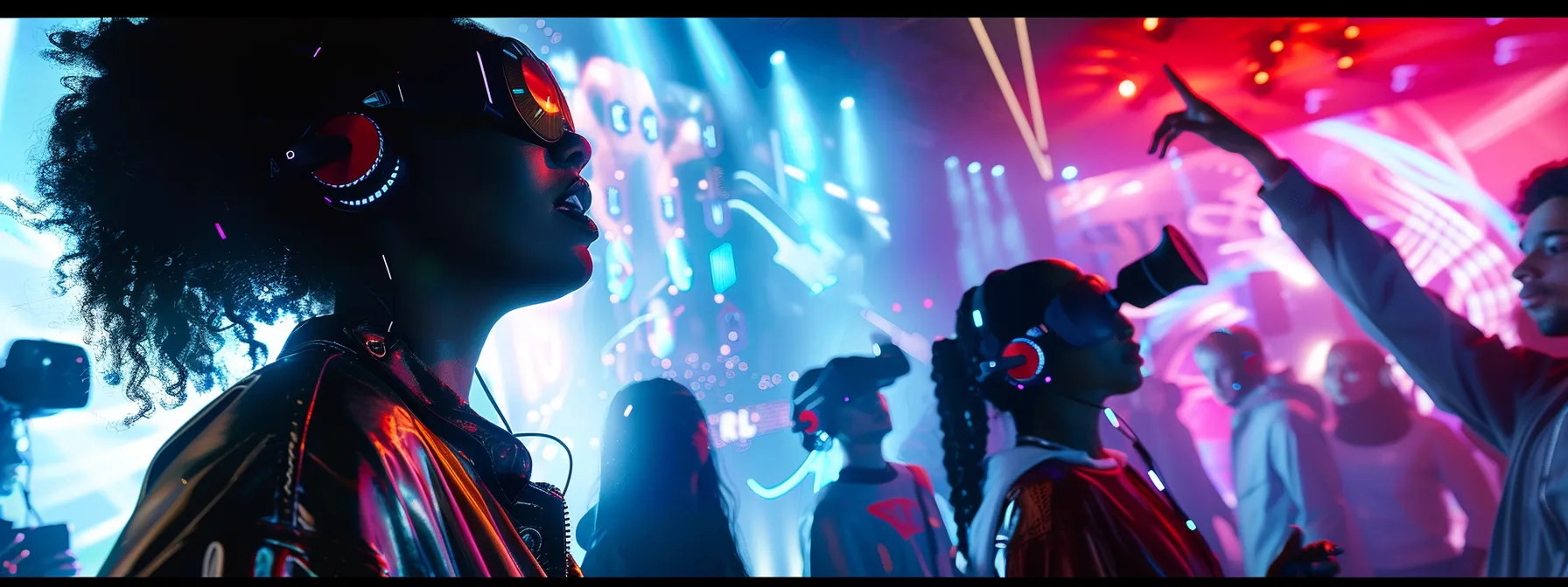 a vibrant, futuristic concert scene showcases a diverse crowd engaged with augmented reality ticketing interfaces and interactive digital displays, illuminated by dynamic lighting that accentuates the excitement of next-gen entertainment technology.