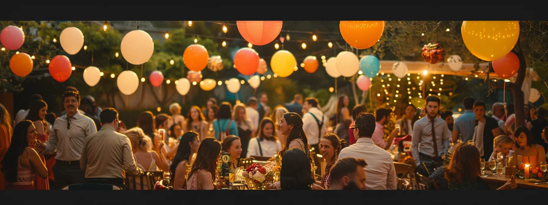 a vibrant party scene captures a beautifully decorated outdoor space with colorful balloons, elegant table settings, and cheerful guests mingling, all illuminated by warm, golden hour sunlight.