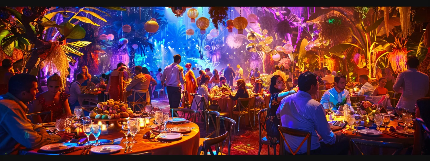 a vibrant party scene filled with colorful decorations and themed elements, showcasing an elegantly set table with eye-catching centerpieces, ambient lighting casting a warm glow, and guests enjoying themselves in an immersive celebration atmosphere.