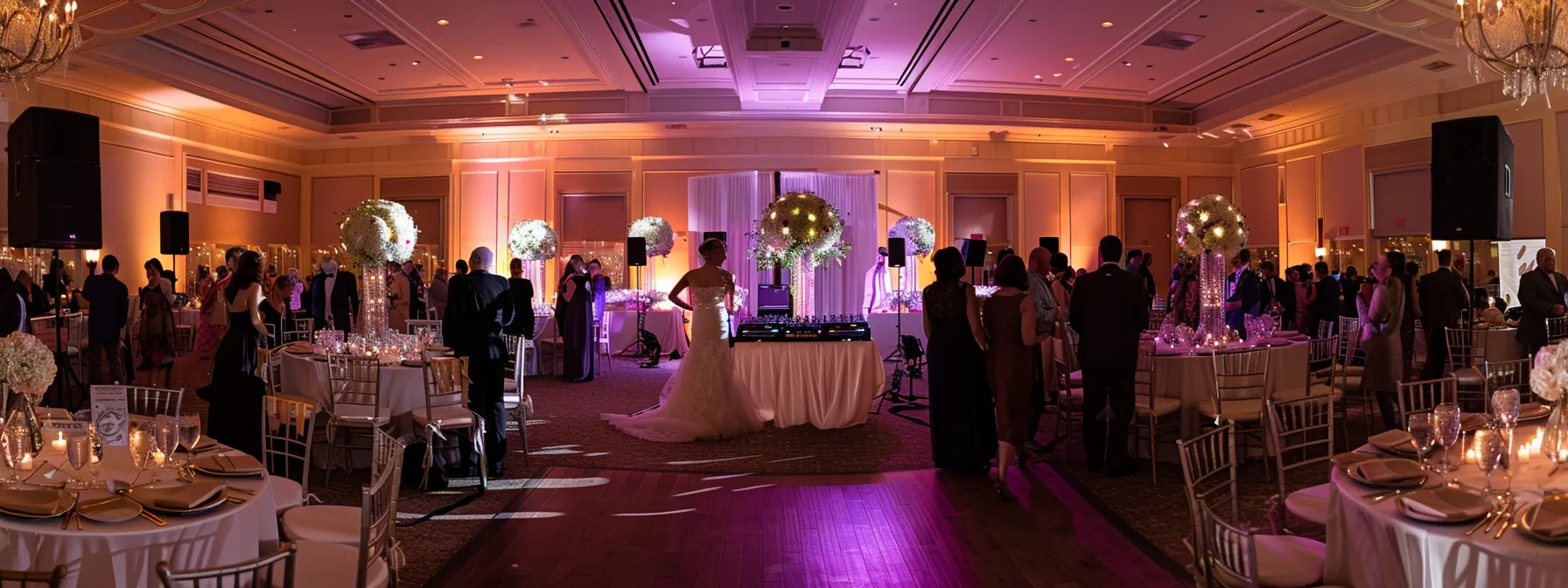 a vibrant wedding reception scene showcases a dynamic toronto dj, seamlessly blending music with captivating visuals while guests joyfully engage at an interactive request station under enchanting ambient lighting.