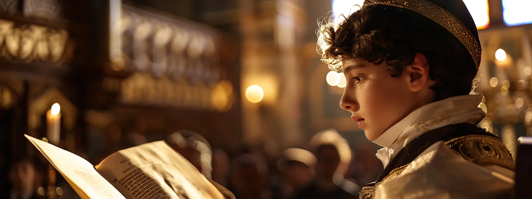 a young boy, adorned in a traditional kippah and tallit, stands proudly at the pulpit during his bar mitzvah ceremony, with the open torah scroll illuminated softly by warm, ambient lighting, surrounded by family members who reflect joy and reverence in a beautifully decorated synagogue.