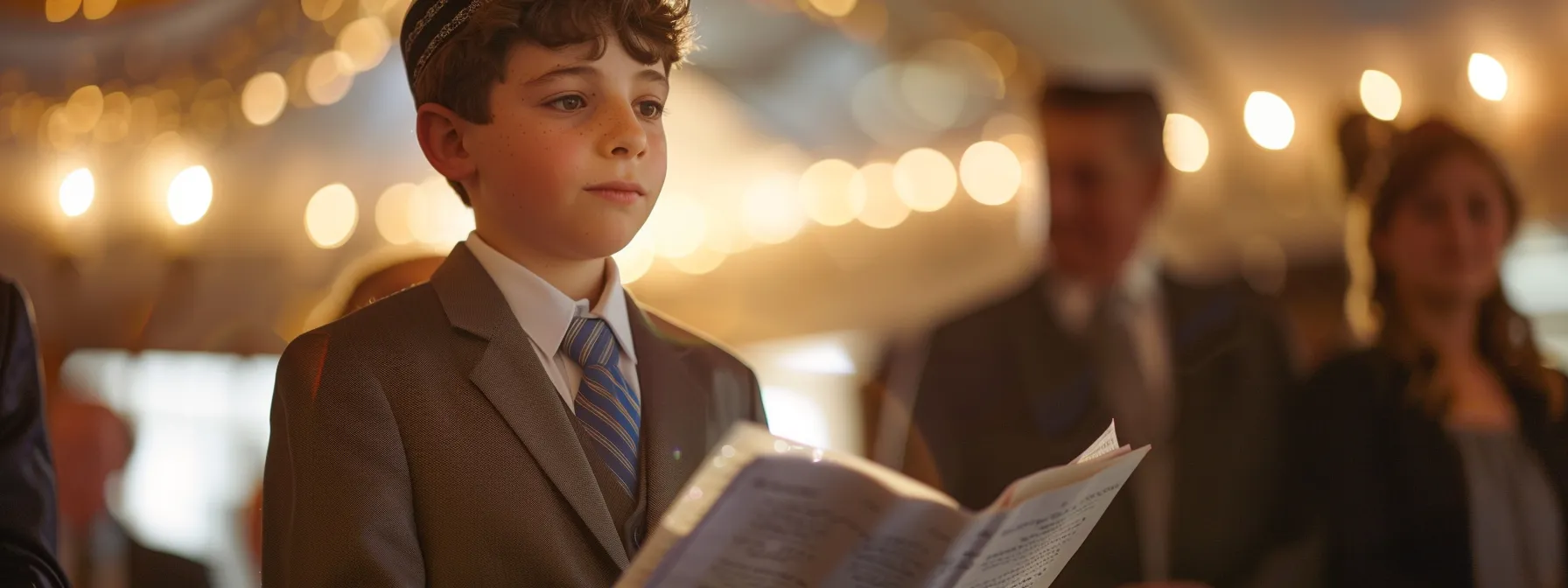 a young boy stands proudly in a beautifully tailored suit and tallit, reading from the torah under a softly illuminated chuppah, surrounded by a warm gathering of family and friends celebrating his bar mitzvah.