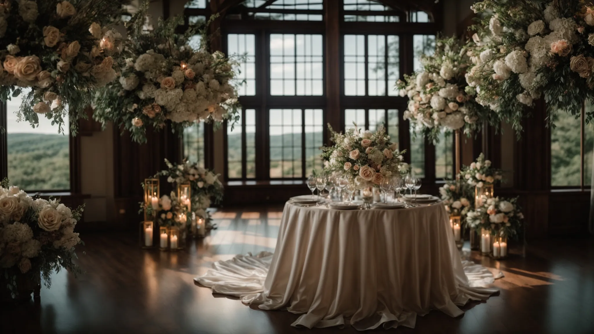 a beautifully adorned wedding venue nestled in the serene hudson valley, showcasing elegant floral arrangements and soft, atmospheric lighting that reflects the couple's unique style and vision for their special day.