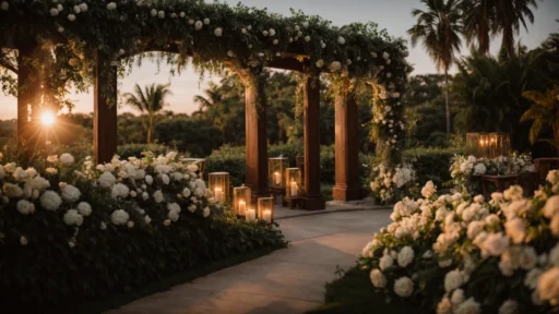 a breathtaking outdoor wedding venue nestled amidst lush greenery, featuring an elegant, floral-adorned arch under a soft sunset glow, embodying the essence of romance and dreams.